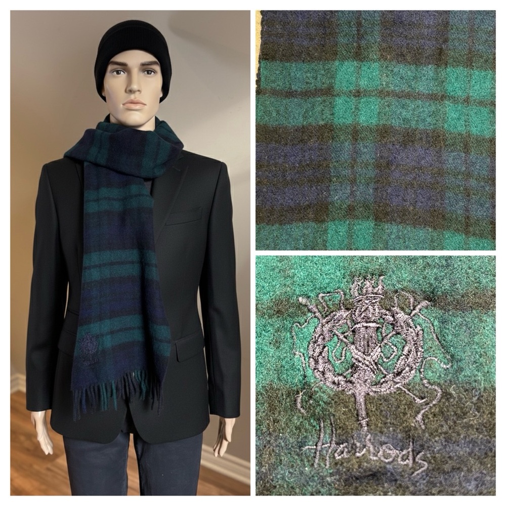 Harrods London Black Watch Tartan Scarf 100% Lambswool Made in Scotland